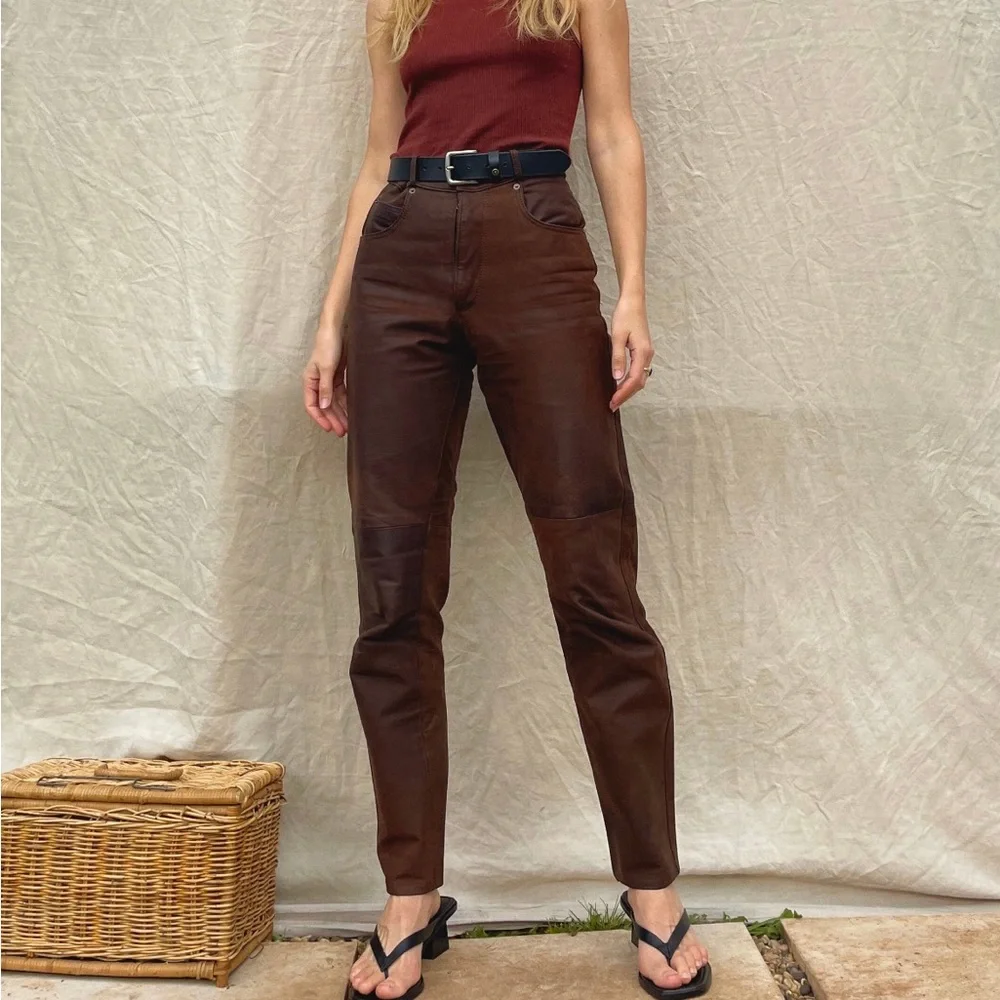 Vintage ‘80s brown leather high rise trousers / slim straight leg /biker/women - Picture 1 of 9
